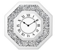 Horloge murale moderne à paillettes pour salon - Sans bruit de tic-tac - Argenté - De luxe - Diamant - 30 cm - Avec mouvement à quartz silencieux - Décoration en cristal (octogone)