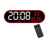 Horloge murale numérique 38,1 cm avec alarme, télécommande, date, température, affichage de la semaine, luminosité réglable, minuterie et compte à rebours adaptée pour mur ou bureau (rouge)