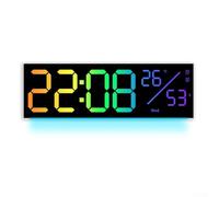 Horloge murale numérique à LED avec affichage multifonction incluant la date, la température, le jour, deux alarmes, minuterie chronographe et lumières LED à changement de couleur avec contrôle de la