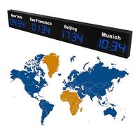 Horloge murale numérique à LED avec plusieurs fuseaux horaires - Format 12/24 heures commutable pour 3/4/5 villes - Fixation murale pour hôtels, aéroports, entreprises