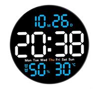 Horloge murale numérique de 25,4 cm avec grand écran LED, alarme, température et moniteur d'humidité, date, jour, 12/24 heures, luminosité réglable, télécommande pour maison, bureau, chambre à coucher
