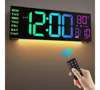 Horloge murale numérique de grande taille de 15,24 pouces avec télécommande, lumière d'ambiance 8 couleurs RGB, 2 alarmes, compte à rebours, horloge LED 12/24H pour la décoration 8 Colors RGB