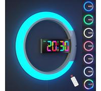 Horloge Murale numérique LED Grand écran, réveil Mural Rond de 12 Pouces avec télécommande RGB veilleuse température horloges électriques murales pour Salon Chambre Bureau à Domicile