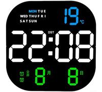 Horloge murale numérique LED moderne avec alarme, calendrier, affichage du jour de la semaine et thermomètre, luminosité réglable, télécommande, carré 22,8 cm (A)