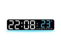 Horloge murale numérique, multifonction à LED, grand écran minuteur, avec capteur de température, luminosité réglable pour salon, bureau, garage (coque blanche bleue)