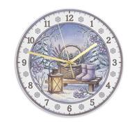 Horloge murale paysage d'hiver 29,5 cm | Forêt de pins enneigés, horloge murale décorative, lanterne rustique, art aquarelle confortable, style ferme