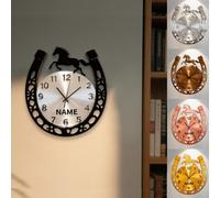 Horloge murale personnalisée en forme de fer à cheval à impression plate 2D pour jeunes mariés, épouse, mari, famille, amis sur le thème des chevaux, plaque murale personnalisée, nom personnalisé