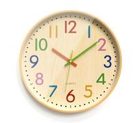 Horloge murale pour enfant - Sans bruit de tic-tac - 30 cm - Moderne - Chiffres colorés - Horloge d'apprentissage à quartz silencieuse - Moderne - Grain de bois - Créative - Pour chambre d'enfant
