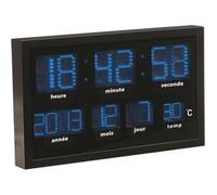Horloge murale radio-pilotée LED bleues - LUNARTEC - Grand format - Date et température automatiques