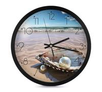 Horloge murale ronde à piles - Océan, plage, moule - Silencieuse - Sans tic-tac - Horloge murale moderne - Petite horloge à quartz analogique pour bureau, maison, salle de bain, cuisine, chambre à