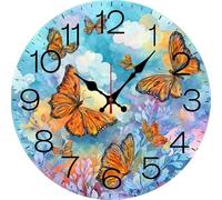 Horloge murale ronde à suspendre avec papillon orange - 25,4 cm - Sans tic-tac - Fonctionnement à piles - Facile à lire - Pour salle de bain, cuisine, bureau