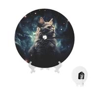 Horloge murale ronde analogique avec chat dans une nébuleuse - Fonctionnement à piles - Silencieuse - Sans tic-tac - Facile à lire - Horloge moderne décorative pour bureau, salle de classe, maison