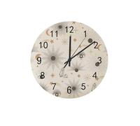 Horloge Murale Ronde,Boho Soleil Lune Mauvais Œil Beige,Grands Chiffres Horloge à Quartz Silencieuse sans Tic-Tac Pendules Murales pour Cuisine Salon 25cm