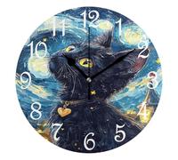 Horloge Murale Ronde,Chat Mignon Ciel Nocturne Noir,Facile à Lire Horloge à Quartz Silencieuse Pendules Murales pour Cuisine Bureau 25cm