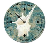 Horloge murale ronde côtière - Marée lune, plage, vie marine, étoile de mer, coquillage, conque, heure de l'océan, horloge en bois avec décoration de marée haute et basse pour maison de plage