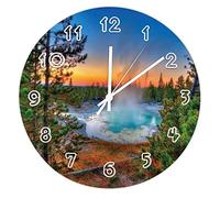 Horloge murale ronde - Coucher de soleil au Geyser au parc national de Yellowstone - Horloge murale décorative à suspendre pour cuisine, bureau, chambre à coucher, 25 x 25 cm