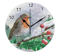 Horloge murale ronde décorative sans tic-tac, fonctionne à piles, 25 cm, pour cuisine, salon, rouge-gorge européen perché sur une branche dans un paysage enneigé