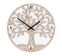 Horloge murale ronde en bois 30 x 30 cm Motif arbre de vie Blanc naturel Décoration murale