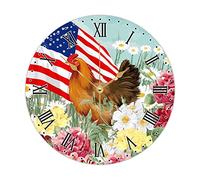 Horloge murale ronde en bois avec drapeau des États-Unis, coq et fleur, horloge murale pour nouvelle maison, cadeau vintage, rétro, horloge à quartz à piles, décoration d'intérieur pour cuisine, 25,4