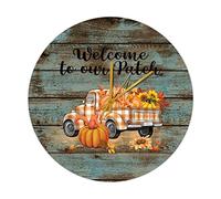 Horloge murale ronde en bois Bienvenue dans notre patch Feuille d'érable Buffalo Check Camion Citrouille Horloge Vintage Rétro Horloge Fonctionnement à piles Silencieux Sans tic-tac pour salle de bain