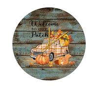 Horloge murale ronde en bois Welcome to Our Patch - Motif feuille d'érable - Buffalo Check Truck - Citrouille - Horloge murale vintage rétro - Fonctionnement à piles - Silencieuse - Sans tic-tac