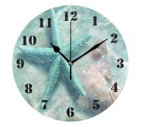 Horloge Murale Ronde,Étoile de mer Bleu Sarcelle et Coquillages Blancs,Silencieuse sans Tic-Tac Horloge à Quartz Fonctionnement à Piles Horloges Murales pour Salon Classe 25cm