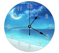 Horloge murale ronde moderne - Cristal Plage Bleu Océan Lune Sable Ciel Thème Naturel Horloge murale silencieuse sans tic-tac pour cuisine, bureau, horloge rétro suspendue, 35,6 cm