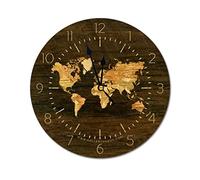 Horloge murale ronde moderne en bois avec carte du monde silencieuse sans tic-tac pour cuisine, bureau, horloge rétro à suspendre, 35,6 cm