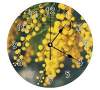 Horloge murale ronde moderne - Mimosa Fleurs de la nature jaune vert sur le thème naturel Horloge murale silencieuse sans tic-tac pour cuisine, bureau, horloge rétro à suspendre, 25,4 cm