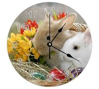 Horloge murale ronde moderne - Motif lapins, fleurs, lapins, œufs de Pâques, sur le thème naturel, silencieuse, sans tic-tac, pour cuisine, bureau, horloge rétro à suspendre, 35,6 cm
