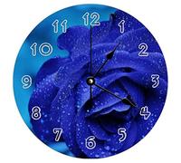 Horloge murale ronde moderne - Rose bleue en fleurs de rose sur le thème naturel - Horloge murale silencieuse sans tic-tac pour cuisine, bureau, horloge rétro à suspendre, 25,4 cm