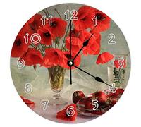Horloge murale ronde moderne - Un vase avec coquelicots nature morte sur le thème naturel silencieuse sans tic-tac pour cuisine, bureau, horloge rétro à suspendre, 35,6 cm