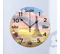 Horloge murale silencieuse et sans tic-tac Motif Tour Eiffel de Paris 25,4 x 25,4 cm pour maison, salon, cuisine, chambre à coucher