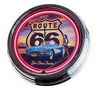 Horloge néon - Route - 66" - Horloge décorative - Horloge murale lumineuse - Style des années 50 - Rétro - Pour salle à manger, cuisine, salon, bureau - Rose