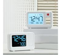 Horloge numérique à projection avec grand écran LCD, réveil à projection avec affichage de l'heure, luminosité, réglage du volume, alimentation par batterie USB, mode snooze week-end pour la maison