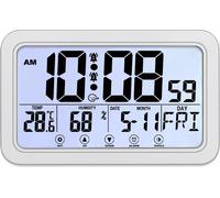 Horloge tactile lumineuse, fonction snooze 12/24 heures/heure/date/température/humidité/deux réglages d'alarme/jour de la semaine (8 langues au choix), pour salon/bureau/bureau/chambre à coucher