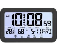 Horloge tactile lumineuse, fonction snooze 12/24 heures/heure/date/température/humidité/deux réglages d'alarme/jour de la semaine (8 langues au choix), pour salon/bureau/bureau/chambre à coucher