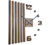 Horloges murales bricolage bois chêne lamelles grande horloge murale 60 cm 3D horloge murale design moderne EKO horloges murales décoration horloges pour bureau salon chambre (marron, aiguilles noires