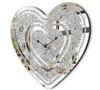 Horloges murales en cristal pour décoration de salon en forme de cœur, horloge murale en argent avec miroir diamant étincelant, étoiles scintillantes et éclats de diamant écrasés pour décoration