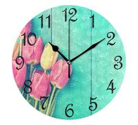 Horloges Tulipes Roses en Bois Turquoise Pendules Murales 25CM