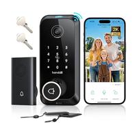 Hornbill Verrou vidéo intelligent avec caméra : anneau 10 en 1 + caméra 2K + sonnette + serrure de porte d'entrée sans mpreintes digitales, pêne dormant WiFi intégré (seulement 2,4 G