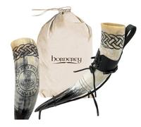 Hornerey Corne à boire de Thor, 500 ml, Médiévale, Gravures nordiques, Mjölnir et nœuds nordiques, Kit Viking avec support et porte-ceinture en cuir
