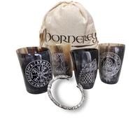 Hornerey Lot de 6 gobelets en corne « Viking » - Corne à boire Viking - Corne de buffle - 200 ml - 4 gobelets en corne à boire + bracelet + sac - Noir