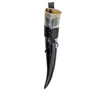 Hornerey T05H Viking 0,5 l avec porte-ceinture en cuir véritable, véritable corne à boire, médiévale, méthorne, larp, corne, 500 ml, blanc, 1 pièce