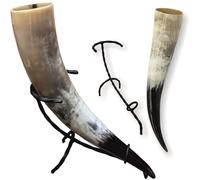 Hornerey T05S Viking 0,5 l avec support en fer forgé, véritable corne à boire, médiévale, méthorne, LARP, corne, 500 ml