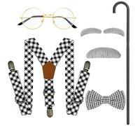 Horolam 7PCS Accessoires De Costume De Vieil Homme Ensemble D'accessoires De Costume De Grand-Père Avec Fausse Barbe, Sourcils, Lunettes, Canne, Bretelles (Gris)