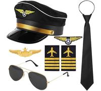 Horolam Accessoires De Costume De Capitaine Pilote, Costume De Pilote Avec Chapeau De Capitaine, épingle à Cravate, Badge, Bretelles, Lunettes De Soleil (Noir)