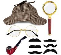 Horolam Costume De Détective, Accessoires De Détective Pour Adultes, Hommes Et Femmes, Avec Chapeau De Détective Marron, Lunettes Loupe Et Fausse Moustache Pour Les Soirées Habillées.