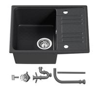 HOROW Évier en granit noir, 1 bac encastrable de 57 x 45 cm, lavabo de cuisine avec installation réversible, moucheté, évier avec siphon et dispositif de trop-plein