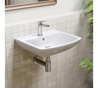 HOROW Lavabo de salle de bain petit avec trop-plein - Lavabo à poser - Pour salle de bain d'invités - Lavabo suspendu - Lavabo mural avec trou pour robinet - En céramique - Blanc - 50 cm